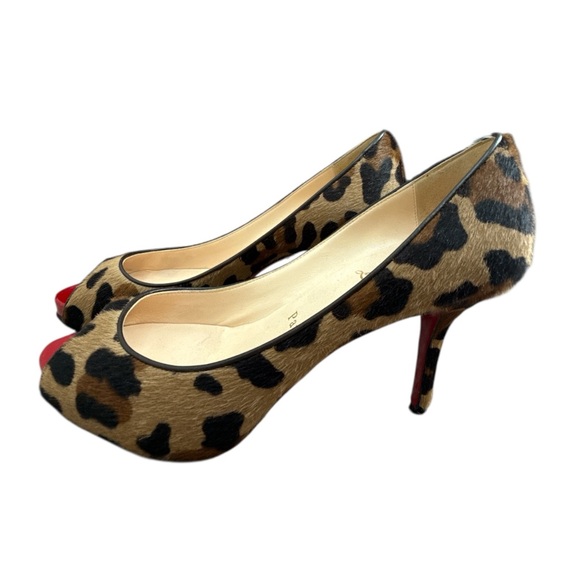 Christian Louboutin Leopard Pony Hair Peep Toe Heels Size 37.5 - Picture 2 of 5